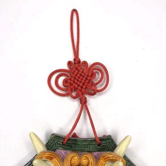 Chinese Yin Yang Dragon Hanging Plaque Pottery Red Tassels Guardian Feng Shui